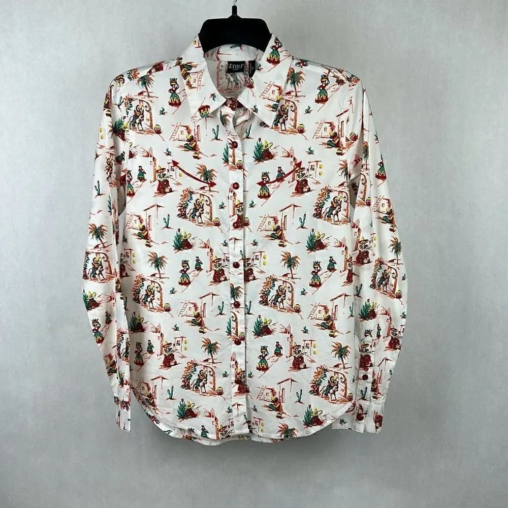 Cruel Denim Snap Button Up Shirt Latin City Print White Sz S CTW7295007